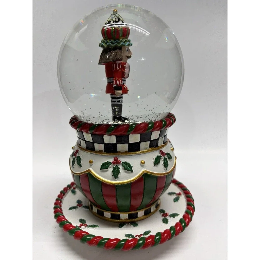 MacKenzie Childs Christmas Snow Globe Musical Tea Cup Nutcracker 8 1/2" Tall - Picture 4 of 8